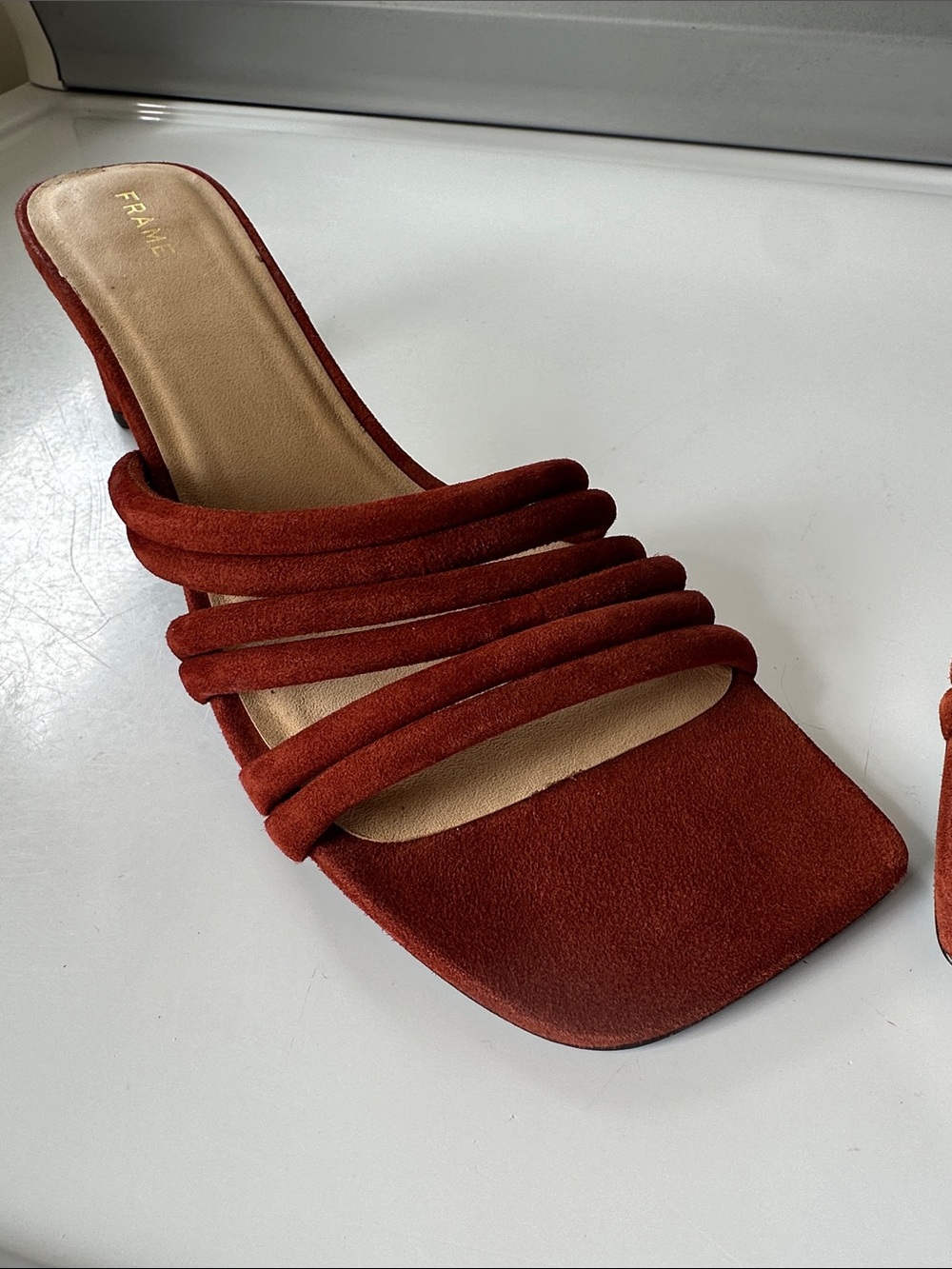 Frame Le Tonga Suede Leather Mules Strappy Sandal EU38.5 US8 Brown Shoes Morocco - Picture 4 of 16